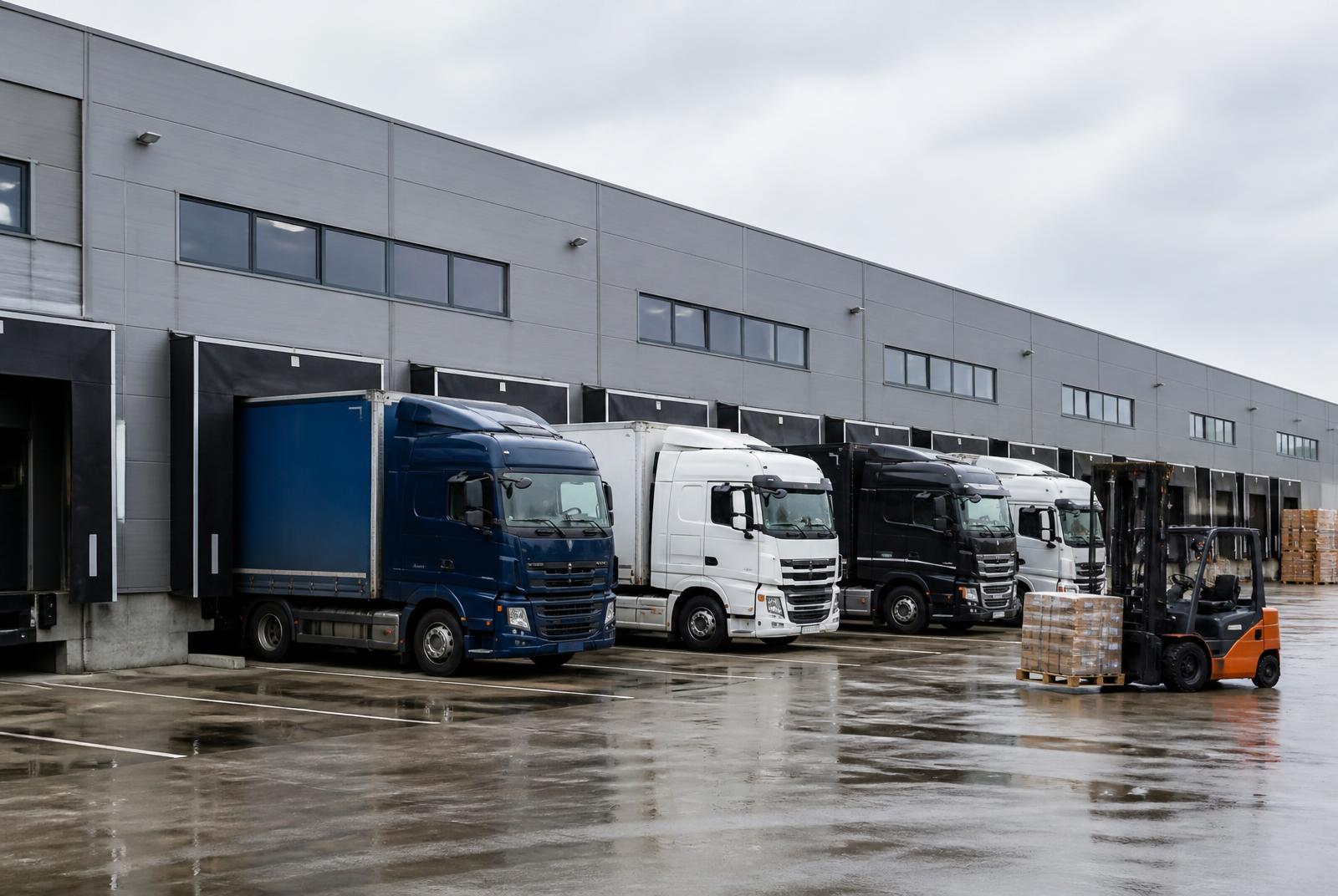 Ciężarówki podczas załadunku przy rampach terminalu logistycznego