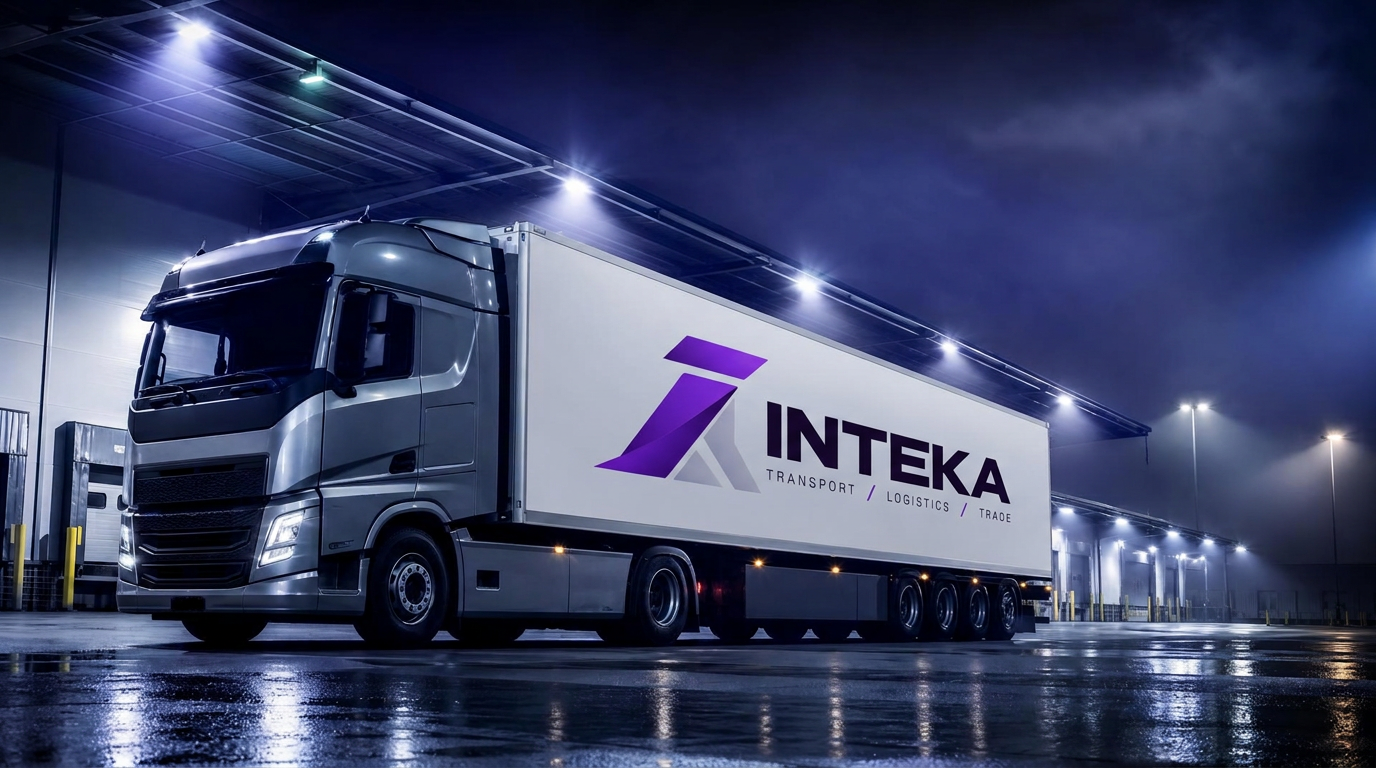 Zestaw ciężarowy z logotypem INTEKA na oświetlonym terminalu przeładunkowym nocą